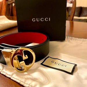 GUCCI GG Leather Reversible BLK/RED Belt 80/32 NWT